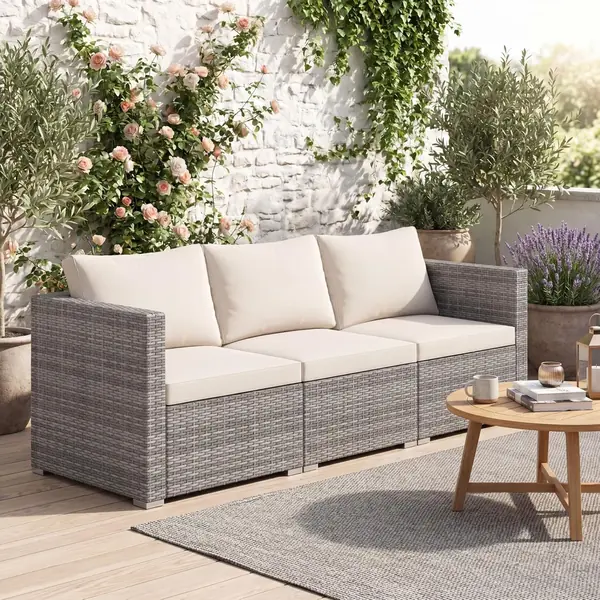 Balkon Sofa mit Kissen, 3-Sitzer Rattan Gartensofa…