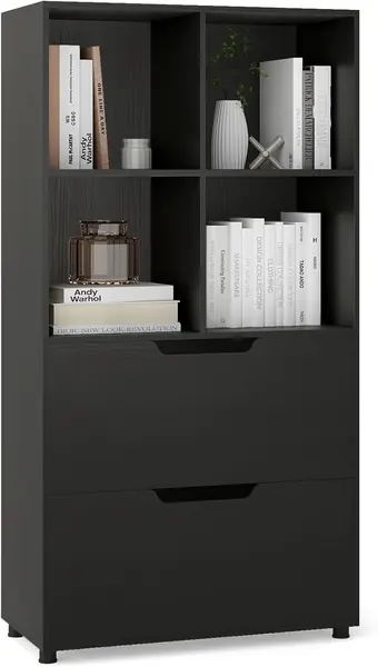 Bücherregal mit 4 Fächern & 2 Schubladen, 70 x 33,5 x 130…