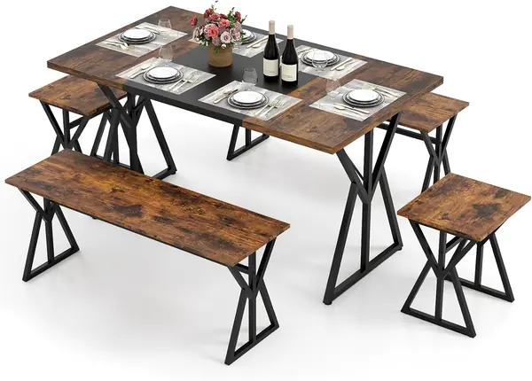 Esstisch mit 2 Bänken & 2 Hockern, Essgruppe 5er Set…