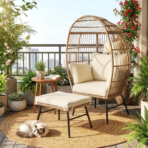Gartensessel mit Hocker, Ei-Förmig Loungesessel aus…