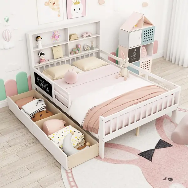Kinderbett 140x200 cm mit Bücherregal & Tafel, Doppelbett…