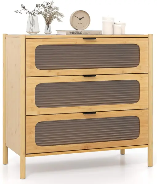 Kommode Bambus mit 3 Schubladen, Sideboard mit Glastüren…