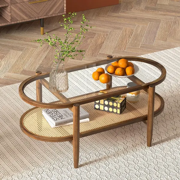 Rattan Couchtisch Oval, Wohnzimmertisch Holz mit…
